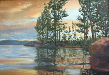 Картина под названием "Sunset on Lake Baik…" - Natalia Fedotovskikh, Подлинное произведение искусства, Масло Установлен на Д…