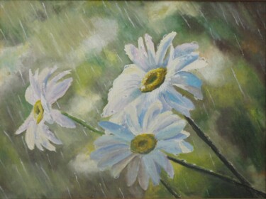 Painting titled "Chamomile in the ra…" by Natalia Fedotovskikh, Original Artwork, Oil Mounted on Wood Stretcher frame