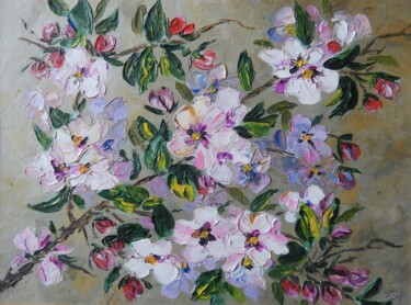 Painting titled "Apple tree in bloom" by Natalia Fedotovskikh, Original Artwork, Oil Mounted on Wood Stretcher frame