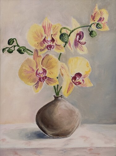 Painting titled "Graceful orchids. A…" by Natalia Fedotovskikh, Original Artwork, Oil Mounted on Wood Stretcher frame
