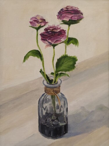 Painting titled "Roses for birthday…" by Natalia Fedotovskikh, Original Artwork, Oil Mounted on Wood Stretcher frame