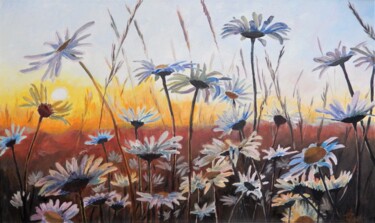 Painting titled "Chamomile at Sunset…" by Natalia Fedotovskikh, Original Artwork, Oil Mounted on Wood Stretcher frame