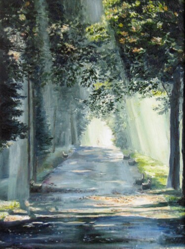 Painting titled "Morning in the Park." by Natalia Fedotovskikh, Original Artwork, Oil Mounted on Wood Stretcher frame