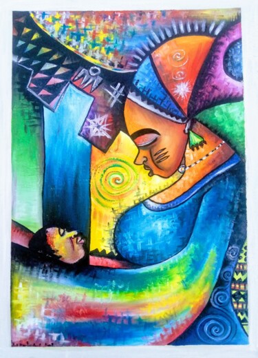 Картина под названием "My mother(ìyáàmi)" - Segun Art World, Подлинное произведение искусства, Масло