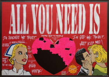 Painting titled "ALL YOU NEED IS" by Segutoart, Original Artwork, Spray paint Mounted on Wood Panel