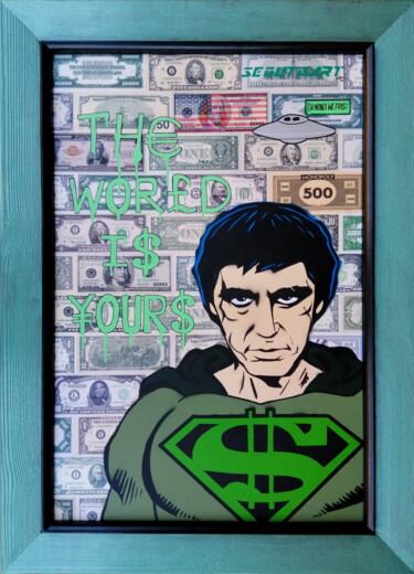 Painting titled "$UPERMAN" by Segutoart, Original Artwork, Spray paint Mounted on Wood Panel