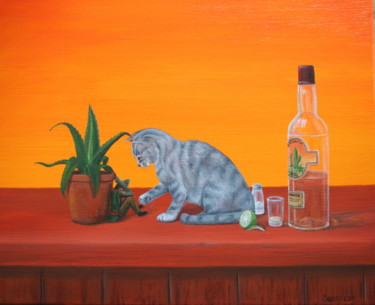 Schilderij getiteld "De kater komt later" door Michel Sehstedt, Origineel Kunstwerk