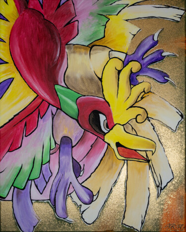 Картина под названием "Golden Bird" - Seko One, Подлинное произведение искусства, Акрил Установлен на Деревянная рама для но…