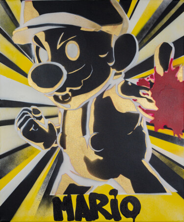 Schilderij getiteld "Mario's Fury" door Seko One, Origineel Kunstwerk, Graffiti Gemonteerd op Frame voor houten brancard