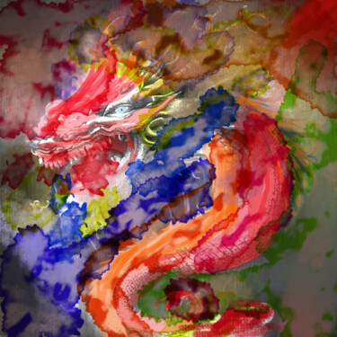 Digitale Kunst mit dem Titel "Красный Дракон" von Qiwi, Original-Kunstwerk, Aquarell