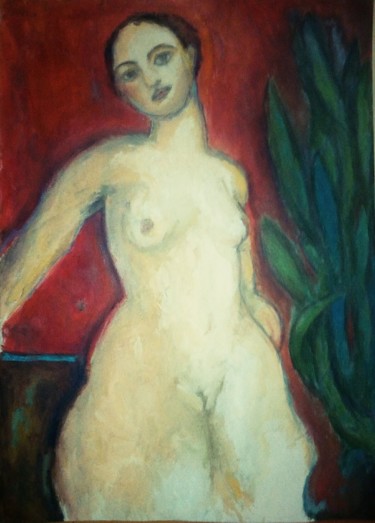 Painting titled "Nude with plant" by Selenia Bosso, Original Artwork, Oil Mounted on Wood Stretcher frame