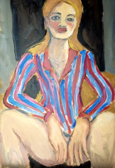 Pittura intitolato "Woman with striped…" da Selenia Bosso, Opera d'arte originale, Olio Montato su Telaio per barella in leg…