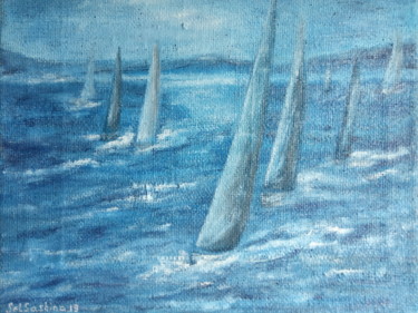 Schilderij getiteld "Blue Sailboats Rega…" door Selena Sashina, Origineel Kunstwerk, Olie Gemonteerd op Frame voor houten br…