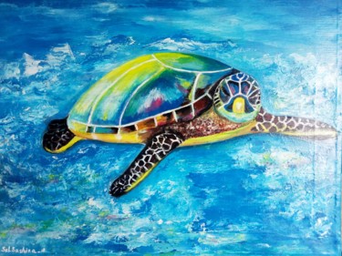 Painting titled "Sea Turtle" by Selena Sashina, Original Artwork, Acrylic Mounted on Wood Stretcher frame