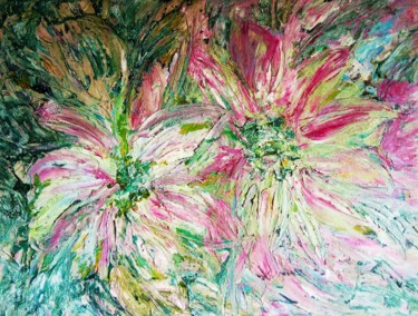 Painting titled "Pink Dahlias" by Selena Sashina, Original Artwork, Oil Mounted on Wood Stretcher frame