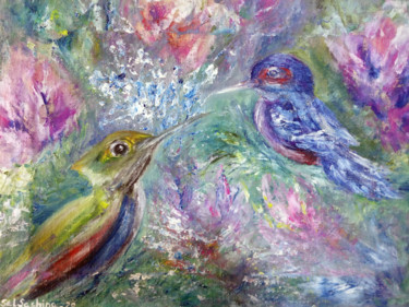 Pittura intitolato "Hummingbirds and fl…" da Selena Sashina, Opera d'arte originale, Olio Montato su Telaio per barella in l…