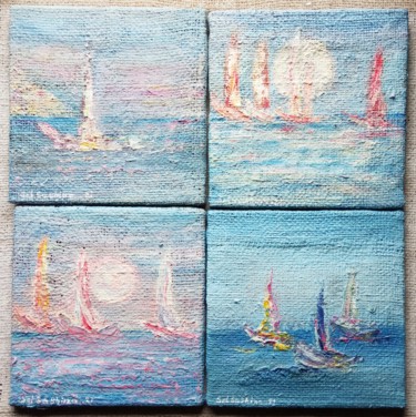 Schilderij getiteld "Sailboats four time…" door Selena Sashina, Origineel Kunstwerk, Olie Gemonteerd op Frame voor houten br…