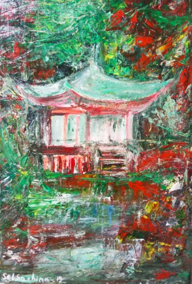 Painting titled "Japanese Temple" by Selena Sashina, Original Artwork, Oil Mounted on Wood Stretcher frame