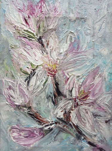 Painting titled "Magnolia" by Selena Sashina, Original Artwork, Oil Mounted on Wood Stretcher frame