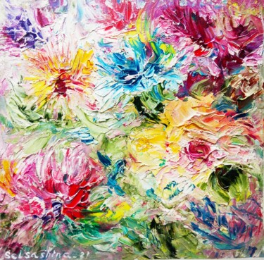 Schilderij getiteld "Dahlia Colorful Bou…" door Selena Sashina, Origineel Kunstwerk, Olie Gemonteerd op Frame voor houten br…