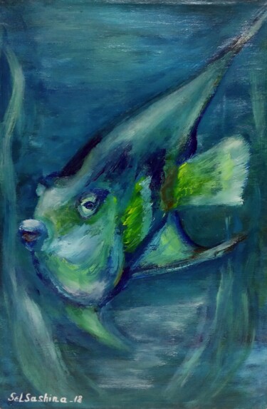 Schilderij getiteld "Whispering fish_1" door Selena Sashina, Origineel Kunstwerk, Olie Gemonteerd op Frame voor houten branc…