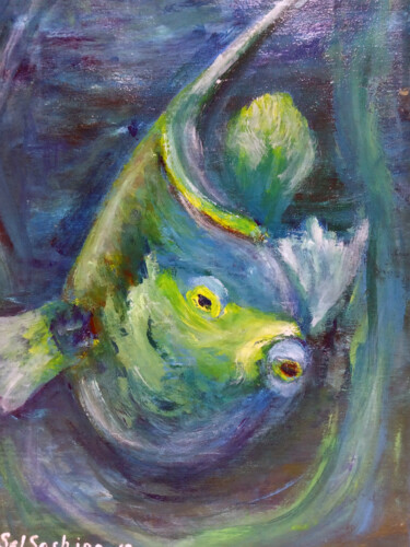 Schilderij getiteld "Whispering fish_2" door Selena Sashina, Origineel Kunstwerk, Olie Gemonteerd op Frame voor houten branc…