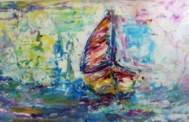 Schilderij getiteld "Colorful Sailboats…" door Selena Sashina, Origineel Kunstwerk, Olie