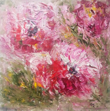 Painting titled "Flowers Pink Roses" by Selena Sashina, Original Artwork, Oil Mounted on Wood Stretcher frame