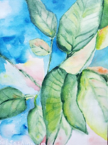 Painting titled "Banana leafs" by Selena Sashina, Original Artwork, Watercolor