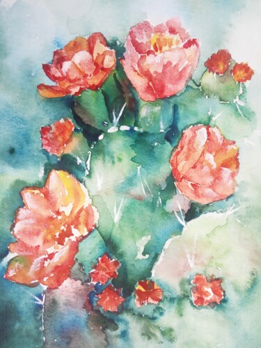Painting titled "Red Cacti" by Selena Sashina, Original Artwork, Watercolor