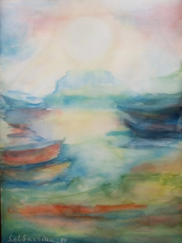 Painting titled "Boats on the river…" by Selena Sashina, Original Artwork, Watercolor