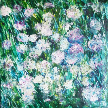 Painting titled "White Clover" by Selena Sashina, Original Artwork, Oil Mounted on Wood Stretcher frame