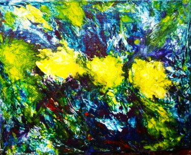 Painting titled "Cats and Yellow flo…" by Selena Sashina, Original Artwork, Acrylic Mounted on Wood Stretcher frame