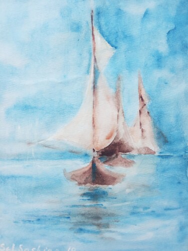 Painting titled "Sailboats" by Selena Sashina, Original Artwork, Watercolor