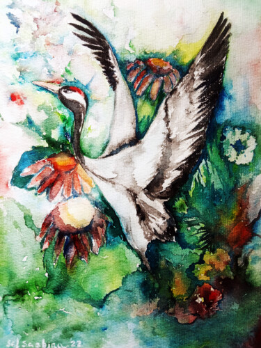 Pittura intitolato ""Crane in Flowers"" da Selena Sashina, Opera d'arte originale, Acquarello