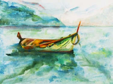 Malarstwo zatytułowany „Green Canoe” autorstwa Selena Sashina, Oryginalna praca, Akwarela