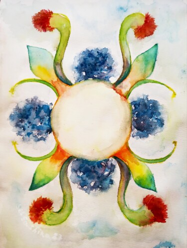 Картина под названием "Floral mandala with…" - Selena Sashina, Подлинное произведение искусства, Акварель