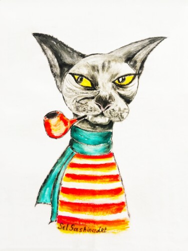 Painting titled ""Cat Captain"" by Selena Sashina, Original Artwork, Acrylic