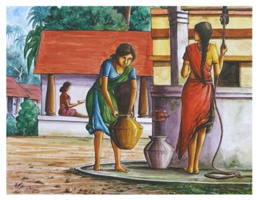 Painting titled "South indian villag…" by Selva, Original Artwork, Watercolor