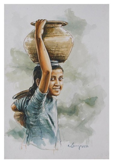 Malarstwo zatytułowany „Indian Girl” autorstwa Selva, Oryginalna praca, Akwarela