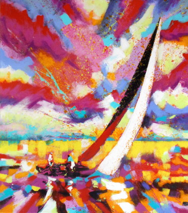 Ζωγραφική με τίτλο "Seascape With Yacht" από Evgen Semenyuk, Αυθεντικά έργα τέχνης, Λάδι