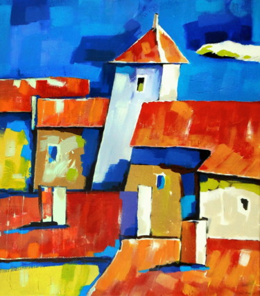 Pittura intitolato "Roofs of old town" da Evgen Semenyuk, Opera d'arte originale, Olio
