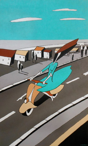 Malerei mit dem Titel "Sand colored scooter" von Evgen Semenyuk, Original-Kunstwerk, Acryl