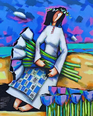 Painting titled "Girl and Flowers 8" by Evgen Semenyuk, Original Artwork, Acrylic