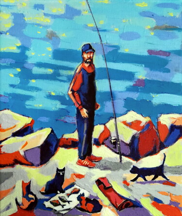 Картина под названием "Fisherman and cats" - Evgen Semenyuk, Подлинное произведение искусства, Акрил