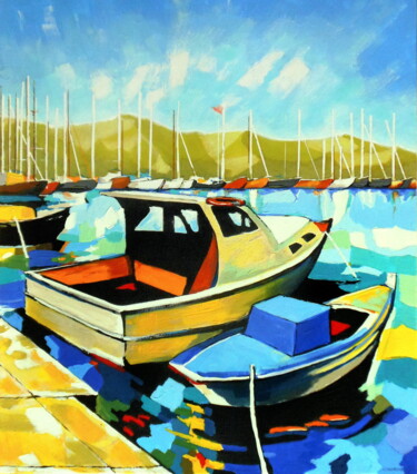 Peinture intitulée "Seascape With Boats" par Evgen Semenyuk, Œuvre d'art originale, Acrylique