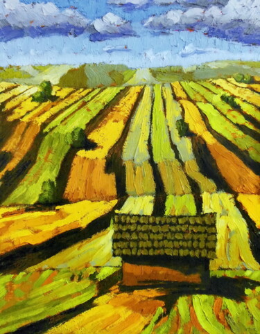 Картина под названием "Landscape with fiel…" - Evgen Semenyuk, Подлинное произведение искусства, Масло