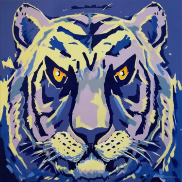 Painting titled "Tiger on blue backg…" by Evgen Semenyuk, Original Artwork, Acrylic