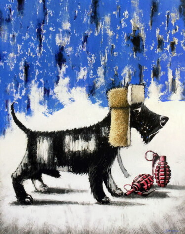 Painting titled "Black dog. Pink gre…" by Evgen Semenyuk, Original Artwork, Acrylic