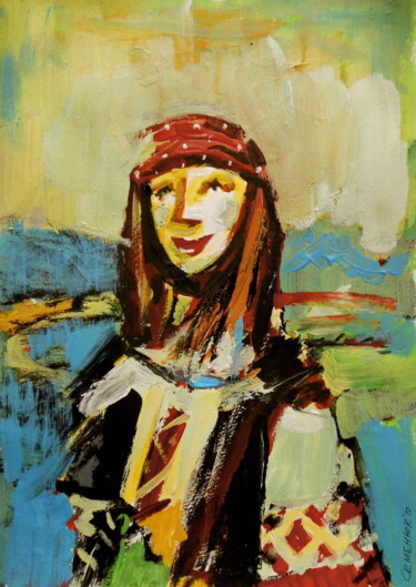 Peinture intitulée "Hippie Mona Lisa" par Evgen Semenyuk, Œuvre d'art originale, Acrylique